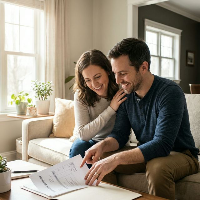 Couple heureux consultant un devis de menuiserie